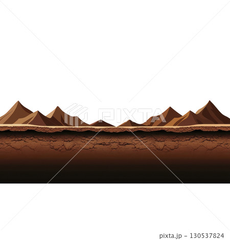 A cross section illustration of Earth layers reveals detailed view of soil, rock, and sediment beneath mountainous landscape. image highlights geological formations and stratification 130537824