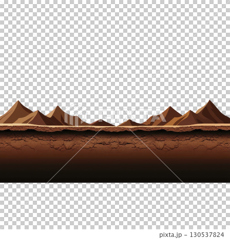 A cross section illustration of Earth layers reveals detailed view of soil, rock, and sediment beneath mountainous landscape. image highlights geological formations and stratification 130537824