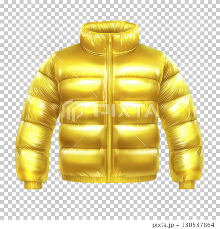 A shiny yellow puffer jacket with high collar and front zipper, designed for warmth and style. glossy finish adds modern touch, making it ideal for cold weather fashion 130537864