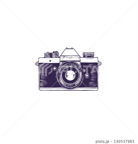 A This features vintage style camera illustration with purple hue, showcasing classic design with lens and dials. artistic rendering gives it retro and nostalgic feel. vintage camera illustration 130537865
