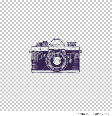 A This features vintage style camera illustration with purple hue, showcasing classic design with lens and dials. artistic rendering gives it retro and nostalgic feel. vintage camera illustration 130537865