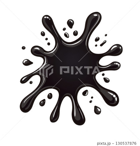 A glossy black ink splash with smooth edges and droplets radiating outward, creating dynamic and artistic effect. splash is isolated on transparency background, emphasizing its bold shape 130537876