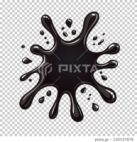 A glossy black ink splash with smooth edges and droplets radiating outward, creating dynamic and artistic effect. splash is isolated on transparency background, emphasizing its bold shape 130537876