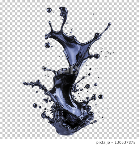 A dynamic splash of dark blue liquid captured mid air, showcasing fluid motion and energy against transparent background. droplets and splashes create artistic and abstract visual 130537878