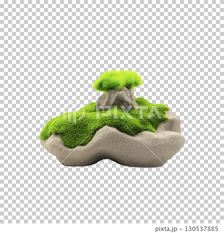 A small, vibrant green moss covered rock with miniature tree on top creates serene and natural scene. lush greenery contrasts with rough texture of stone 130537885