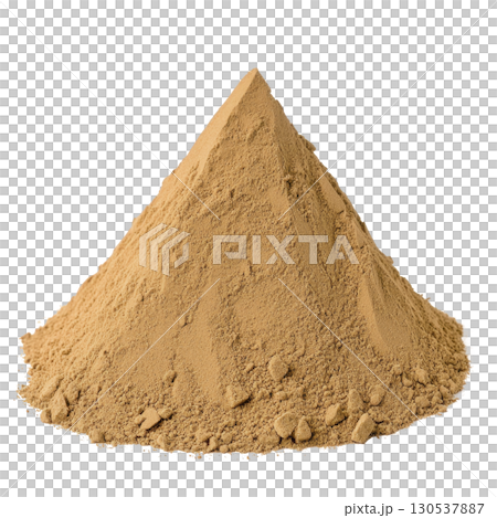 A mound of fine brown powder is neatly piled, resembling small pyramid. texture appears smooth with some coarser particles scattered around, suggesting natural or processed material 130537887