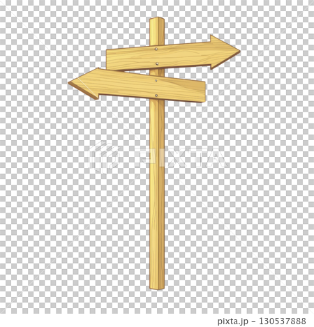 A wooden signpost with two directional arrows pointing in opposite directions, symbolizing choice and decision making. natural wood texture adds rustic feel 130537888
