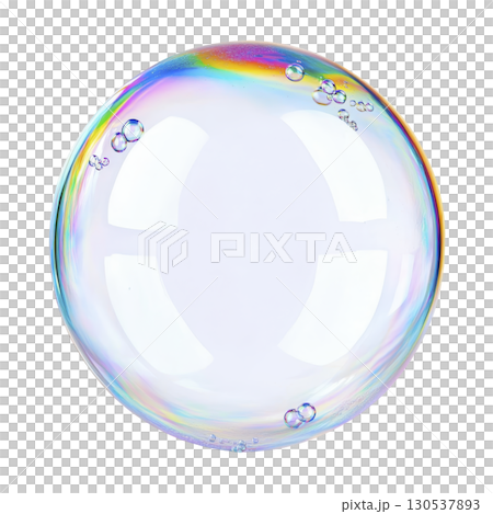 A single, translucent soap bubble with rainbow sheen floats against transparency background, showcasing its delicate and colorful surface 130537893