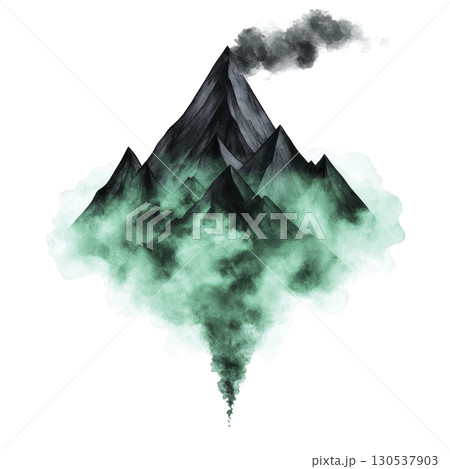 A mystical mountain range with dark peaks and green mist creates ethereal atmosphere, with smoke rising from top. scene evokes sense of mystery and wonder 130537903