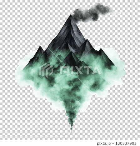 A mystical mountain range with dark peaks and green mist creates ethereal atmosphere, with smoke rising from top. scene evokes sense of mystery and wonder 130537903