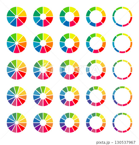 Donut charts, pies segmented on 8, 9, 10, 11, 12 equal parts. Wheels divided in sections. Diagrams infographic multicoloured set. Circle section minimalist graph. Pizza chart round icons. Loading bar. 130537967