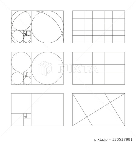 Golden ratio mockup. Method golden section frames. Fibonacci array, numbers. Set of harmony proportions layouts. Outline graphic illustration.  130537991