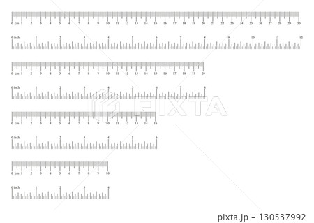Measuring charts layout. Scale, ruler with markup and numbers, with 4, 6, 8, 12 inches and 10, 15, 20, 30 centimetre. Distance, height, length measurement, sewing tool mockup. Graphic illustration. 130537992
