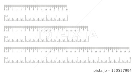 Measuring tools, scales icons. Inch, metric rulers. Scale for ruler in centimeters, inches. Metrics indicators cm, inch.  130537994