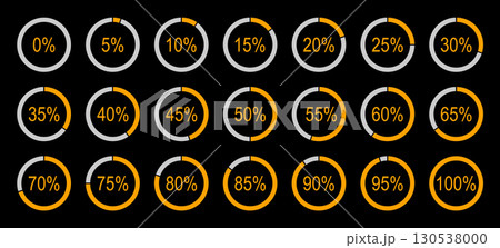 Circle graph percentage loading. Round diagrams icons from 0 to 100 percent. Infographics progress elements. Color fill pie, pizza charts indicator templates.  130538000