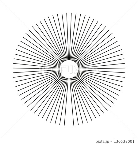 Radial circle black lines. Symbol of Sun star rays. Minimalist circular lines template. Flat graphic element. Spokes with radiating stripes. Abstract illusion geometric shape. 130538001