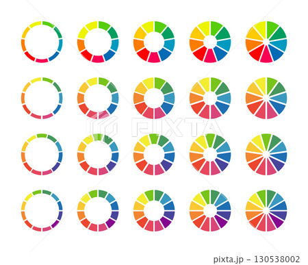 Donut charts, pies segmented on 9, 10, 11, 12 equal parts. Wheels divided in sections. Set of infographic multicoloured diagrams. Circle section minimalist graph. Pizza chart round icons. Loading bar. 130538002
