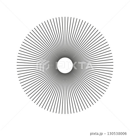 Sun star rays, burst. Spokes with radiating stripes grid. Radial circle radiation lines. Circulars lines beams. Minimalist graphic. Abstract illusion geometric pattern isolated on a white background. Sun star rays, burst. Spokes with radiating stripes grid. Radial circle radiation lines. Circulars lines beams. Minimalist graphic. Abstract illusion geometric pattern isolated on a white background. 130538006
