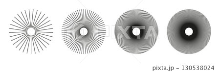 Radial circle lines. Symbol of Sun star rays. Circular lines elements. Set of flat design elements. Spokes with radiating stripes collection. Abstract geometric shapes patterns. Radial circle lines. Symbol of Sun star rays. Circular lines elements. Set of flat design elements. Spokes with radiating stripes collection. Abstract geometric shapes patterns. 130538024
