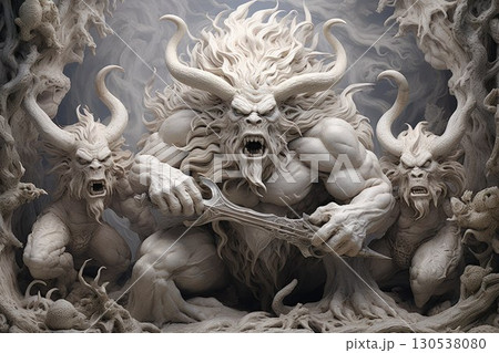 Ferocious minotaurs wielding massive battle axes - Generative AI 130538080