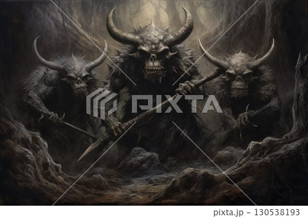 Ferocious minotaurs wielding massive battle axes - Generative AI 130538193