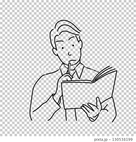 Stock Illustration: Line drawing of a man in a dress shirt holding a notebook and thinking Stock Illustration: Line drawing of a man in a dress shirt holding a notebook and thinking 130538199