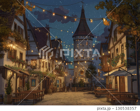 German village Oktoberfest cozy evening festive atmosphere is palpable as twinkle lights illuminate night, evokes sense of conviviality German village Oktoberfest cozy evening festive atmosphere is palpable as twinkle lights illuminate night, evokes sense of conviviality 130538357
