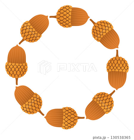 Autumn acorn circle frame. Round border made of doodle hand drawn fall acorns. The acorns are arranged in a circle for stickers, banners, cards, ads. Vector flat isolated on white background. 130538365