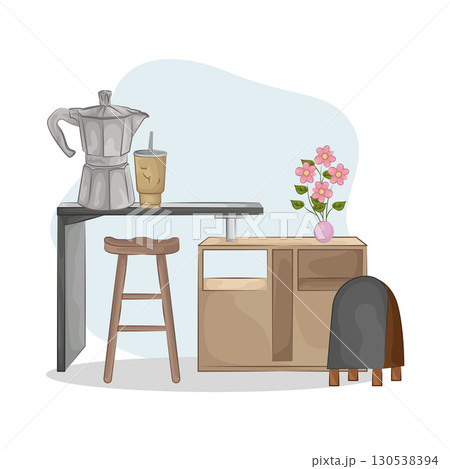 Illustration of bar table combined with bar stools 130538394