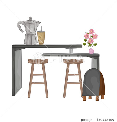 Illustration of bar table combined with bar stools 130538409