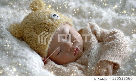 Sleeping baby in cozy knit bear hat on white bedding with soft dreamy lights peaceful nap 130538566