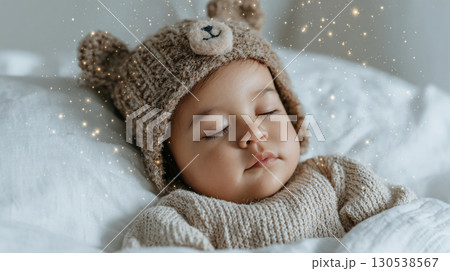 Sleeping baby in cozy knit bear hat on white bedding with soft dreamy lights peaceful nap 130538567