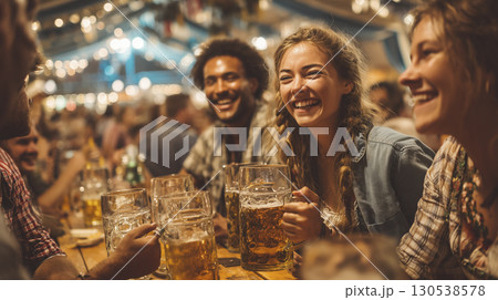 Happy friends cheer at Oktoberfest, raising beer mugs and sharing laughter lively atmosphere and joyful expressions create moment of pure festivity Happy friends cheer at Oktoberfest, raising beer mugs and sharing laughter lively atmosphere and joyful expressions create moment of pure festivity 130538578