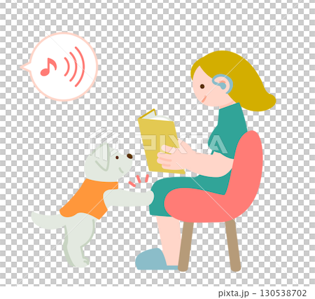 聴導犬が音を知らせるイラスト｜本を読む女性と補助犬 130538702