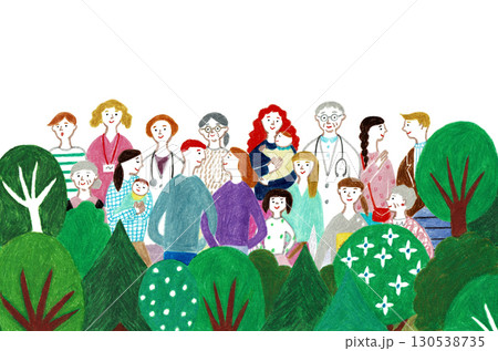 手描きイラスト 地域の医師と多世代の住民が支え合う笑顔の集合イラスト 手描きイラスト 地域の医師と多世代の住民が支え合う笑顔の集合イラスト 130538735