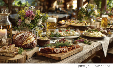 Oktoberfest table with food and flowers in rustic style displays cheerful and inviting atmosphere, perfect for festive celebration Oktoberfest table with food and flowers in rustic style displays cheerful and inviting atmosphere, perfect for festive celebration 130538828