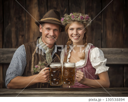 Bavarian man and woman in traditional outfits cheers with beer, beaming with joy and celebrating friendship in Oktoberfest atmosphere, happy for perfect moment 130538894