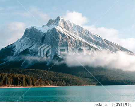 Snowy mountain and calm lake with pine forest reflection and morning fog panoramic nature landscape 130538916