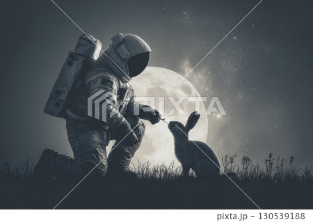 Astronaut Kneeling to Feed Creature on Martian Landscape at Night 130539188