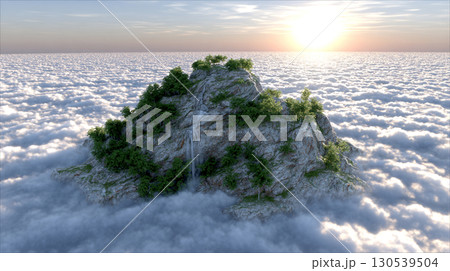 Sunrise sky island mountain above sea of clouds with green trees and waterfall fantasy landscape Sunrise sky island mountain above sea of clouds with green trees and waterfall fantasy landscape 130539504