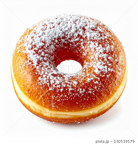 Powdered Sugar Donut Golden Baked Dough Isolated on White Background 130539579