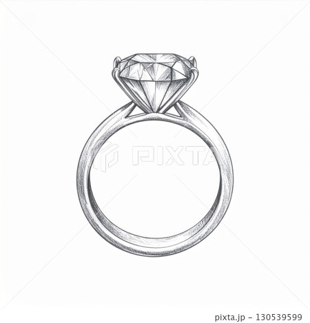 Diamond Ring Illustration Detailed Sketch of a Gemstone in Silver Metal and White Background Diamond Ring Illustration Detailed Sketch of a Gemstone in Silver Metal and White Background 130539599