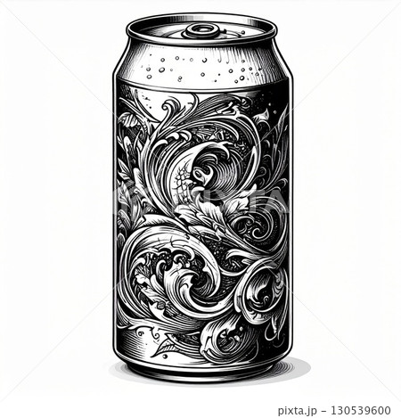 Ornate Pattern on Silver Aluminum Can Illustration with Vintage Engraving Design 130539600