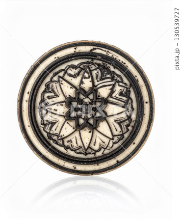 Ornate Circular Decorative Design with Black and White Floral Pattern Isolated 130539727