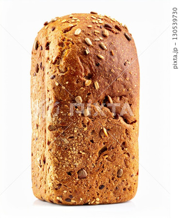 Close up Loaf of Whole Grain Seeded Bread with Brown Crust on White Background Close up Loaf of Whole Grain Seeded Bread with Brown Crust on White Background 130539730