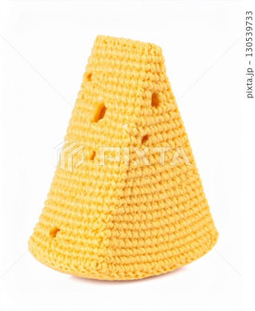 Close Up of Yellow Triangle Cheese Block with Holes on White Background 130539733