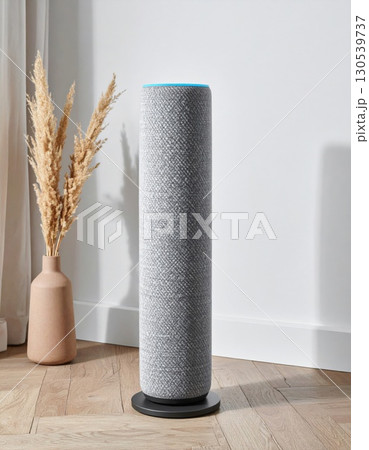 Gray Smart Speaker on Wooden Floor with Vase and White Wall Background 130539737