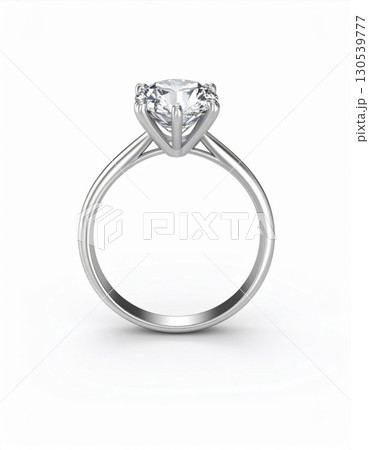 Diamond Engagement Ring with Silver Band Round Cut Stone on White Background 130539777