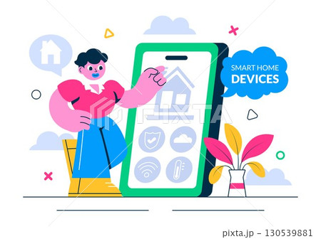 Smart Home Devices Vector Illustration featuring Home Automation Controlled via Smartphone with an Integrated System of Electronics in a Background Smart Home Devices Vector Illustration featuring Home Automation Controlled via Smartphone with an Integrated System of Electronics in a Background 130539881