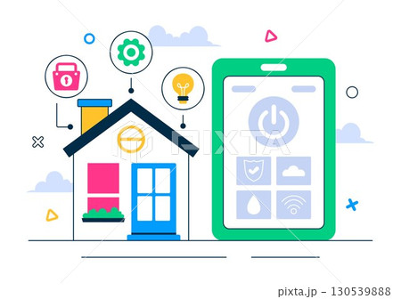 Smart Home Devices Vector Illustration featuring Home Automation Controlled via Smartphone with an Integrated System of Electronics in a Background Smart Home Devices Vector Illustration featuring Home Automation Controlled via Smartphone with an Integrated System of Electronics in a Background 130539888